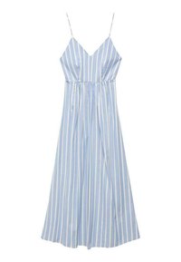 Striped dress with thin adjustable straps, featuring vertical light blue and white stripes, a fitted bodice, and a flared skirt.