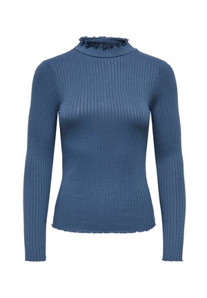 Blauw geribbeld langemouwen top met een hoge, gerimpelde kraag en een aansluitende silhouet. De stof lijkt zacht met een gestructureerde afwerking.