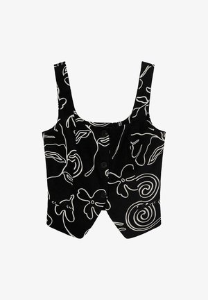 Czarna kamizelka z białymi kwiatowymi wzorami, z kwadratowym dekoltem, szerokimi ramiączkami i zapięciem na guziki z przodu, posiadająca dwie kieszenie.