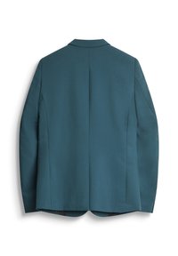 Tirkizni sako s glatkom teksturom, s jednim prorezom straga, oštrim reverima i strukturiranim ramenima.