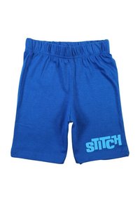 Shorts en coton bleu avec une ceinture élastique et un logo "STITCH" imprimé en bleu clair sur le côté inférieur gauche. Texture lisse.