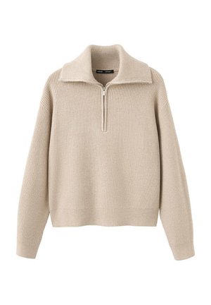 Jersey beige de punto con mangas largas, media cremallera frontal y cuello ancho, mostrado sobre un fondo blanco.