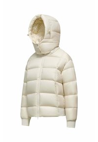 Witte puffy jas met een capuchon, voorzien van gewatteerde vulling, een rits aan de voorkant en geribbelde manchetten voor extra warmte. Zacht, glad materiaal en een lichtgewicht ontwerp.
