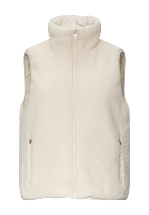Fleece-Weste in Off-White mit hohem Kragen, durchgehendem Reißverschluss und zwei Seitentaschen. Weicher Stoff und minimalistisches Design.