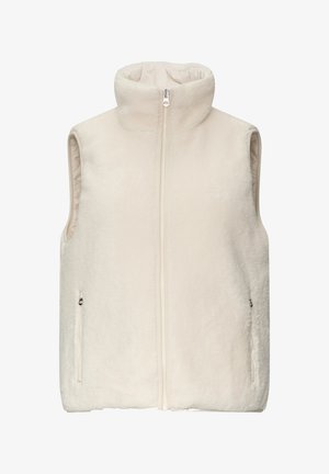 Fleece-Weste in Off-White mit hohem Kragen, durchgehendem Reißverschluss und zwei Seitentaschen. Weicher Stoff und minimalistisches Design.