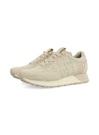 Sneaker beige realizzati in suede testurizzato e tessuto, con un motivo intrecciato, punta rotonda e suola imbottita per il comfort.