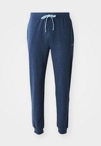 Marineblå joggebukser laget av mykt stoff, med elastisk midjebånd og en lys blå snor, samt smale mansjetter.