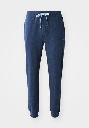 Pantalons de jogging bleu marine en tissu doux, avec une taille élastique dotée d'un cordon de serrage bleu clair et des poignets ajustés.