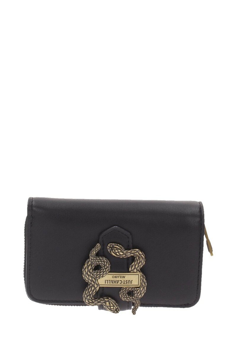 Portafoglio in pelle nera con un prominente fermaglio a forma di serpente dorato e logo impresso. Design rettangolare compatto con texture liscia.