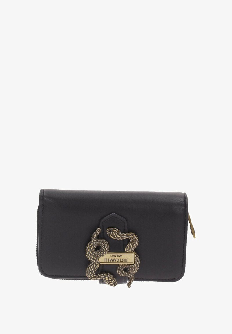 Portafoglio in pelle nera con un prominente fermaglio a forma di serpente dorato e logo impresso. Design rettangolare compatto con texture liscia.