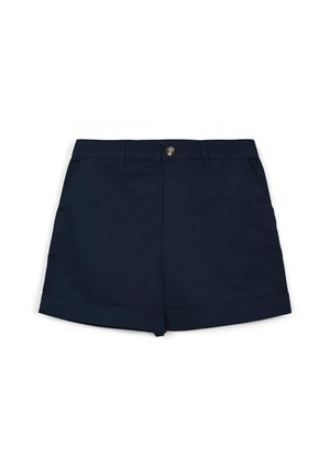 Pantaloni corti blu navy con chiusura a bottone, orlo ripiegato e tasche frontali. Realizzati in tessuto liscio, presentano un design classico e su misura.