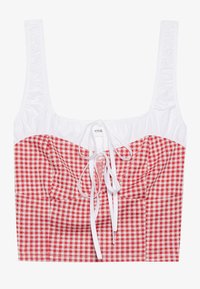 Punainen ja valkoinen ruudullinen lyhyt toppi, jossa on rypistetty valkoinen osa, neliömäinen pääntie ja säädettävä nauha edessä. Puuvillasekoitusta.
