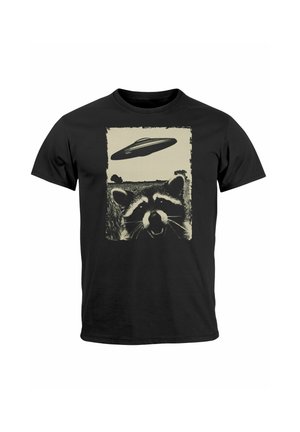 Black T-shirt featuring a graphic of a raccoon and a UFO, with a vintage-style illustration and a cream-colored print on the front.