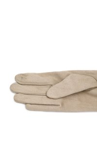 Guanto in suede beige disteso con le dita distese e il pollice appoggiato di lato su uno sfondo bianco.