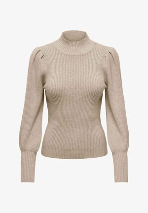 Beige väritetty neulepaita, jossa on pitkät puffihihat ja istuva, korkea mock-kaulus.