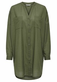 Chemise olive en boutonnière avec un col en V, des manches longues et deux poches sur la poitrine. Fabriquée en tissu léger avec une coupe décontractée.