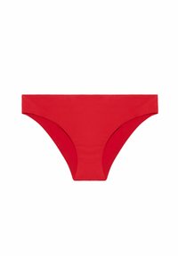 Slip di bikini rosso con texture liscia, copertura moderata e design classico. Presenta un colore uniforme senza motivi o abbellimenti.
