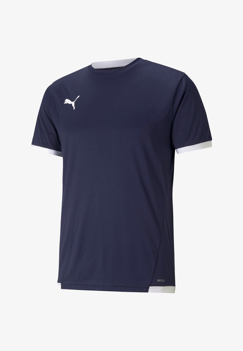 Ναυτικό μπλε αθλητικό T-shirt με κοντά μανίκια, λευκές λεπτομέρειες στις μανσέτες και λογότυπο στο στήθος. Κατασκευασμένο από ύφασμα που απομακρύνει την υγρασία.