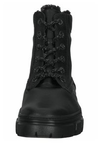 Bota de cuero negro hasta el tobillo con superficie texturizada y cordones grises. Presenta un collar acolchado y una suela de goma robusta para mayor tracción.