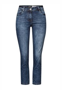 Jeans in denim blu scuro con una vestibilità dritta, cinque tasche, dettagli di cucitura e chiusura frontale con bottone. Texture liscia con leggeri sbiadimenti.