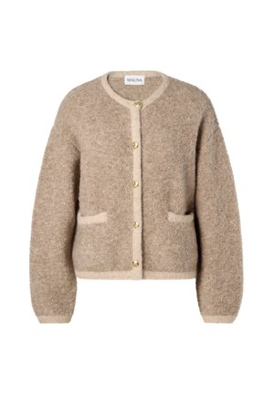 Beige cardigan laget av teksturert stoff med en myk finish. Har rund hals, gullfargede knapper og frontlommer.