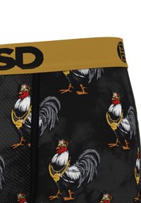 Black boxer shorts with a textured fabric. Features a gold elastic waistband and an all-over print of roosters wearing crowns and gold chains.
