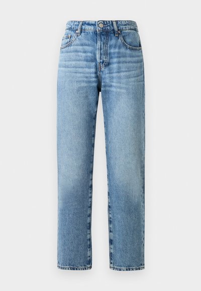 Heledad sinine denimist valmistatud sirge säärega teksapüksid, nähtava õmblusega, nööbiga kinnitatud ja viie taskuga disain.