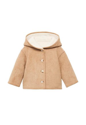 Veste à capuche en daim beige avec une douce doublure crème, dotée d'une fermeture à boutons à l'avant et de manches amples. Les accents incluent quatre grands boutons.