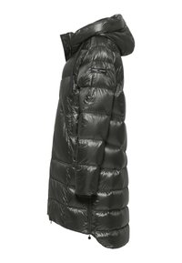 Long puffer jacket in dark green, shiny nylon material. Features a hood, zipper pockets, and a quilted design with puffy sections.