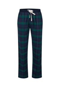 Gestreepte loungebroek in donkergroen en marineblauw met een koord in de taille. Kenmerkt zich door verticale strepen en een relaxte pasvorm, gemaakt van zachte katoenen stof.