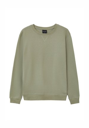 Felpa verde oliva con collo a giro, maniche lunghe e un sottile dettaglio a V sul collo. Realizzata in un morbido tessuto testurizzato.