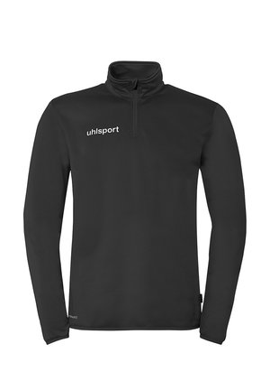 Sudadera deportiva negra de manga larga con cremallera de cuarto, con el logo "uhlsport" en el pecho, diseñada para ropa atlética.
