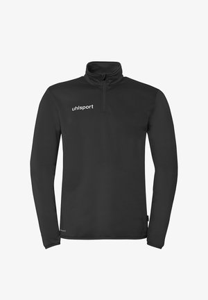 Polaire de sport noire à manches longues avec une fermeture éclair quart, dotée du logo "uhlsport" sur la poitrine, conçue pour une tenue athlétique.