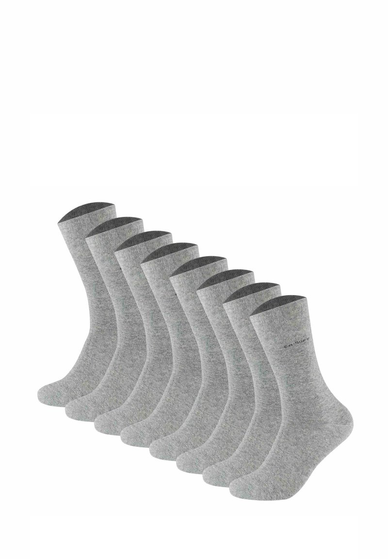 Calcetines de lana gris mezclada dispuestos en una fila; de longitud media hasta la pantorrilla, con una textura suave y puños en gris oscuro contrastante. Ocho pares expuestos.