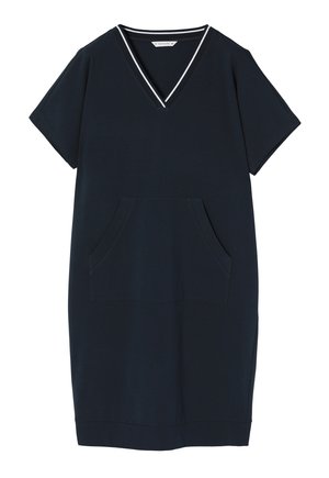 Sötét tengerészkék ruha rövid ujjal, V-nyakkivágással és fehér díszítéssel. Elöl zsebet tartalmaz, laza fazonú és egyenes szabású.