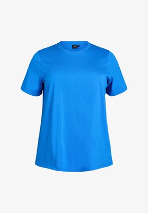 Zila kokvilnas T-kreklu ar īsām piedurknēm un apaļu kakla izgriezumu. Gluda tekstūra un brīvs piegriezums. Nav redzamu rakstu vai akcentu.