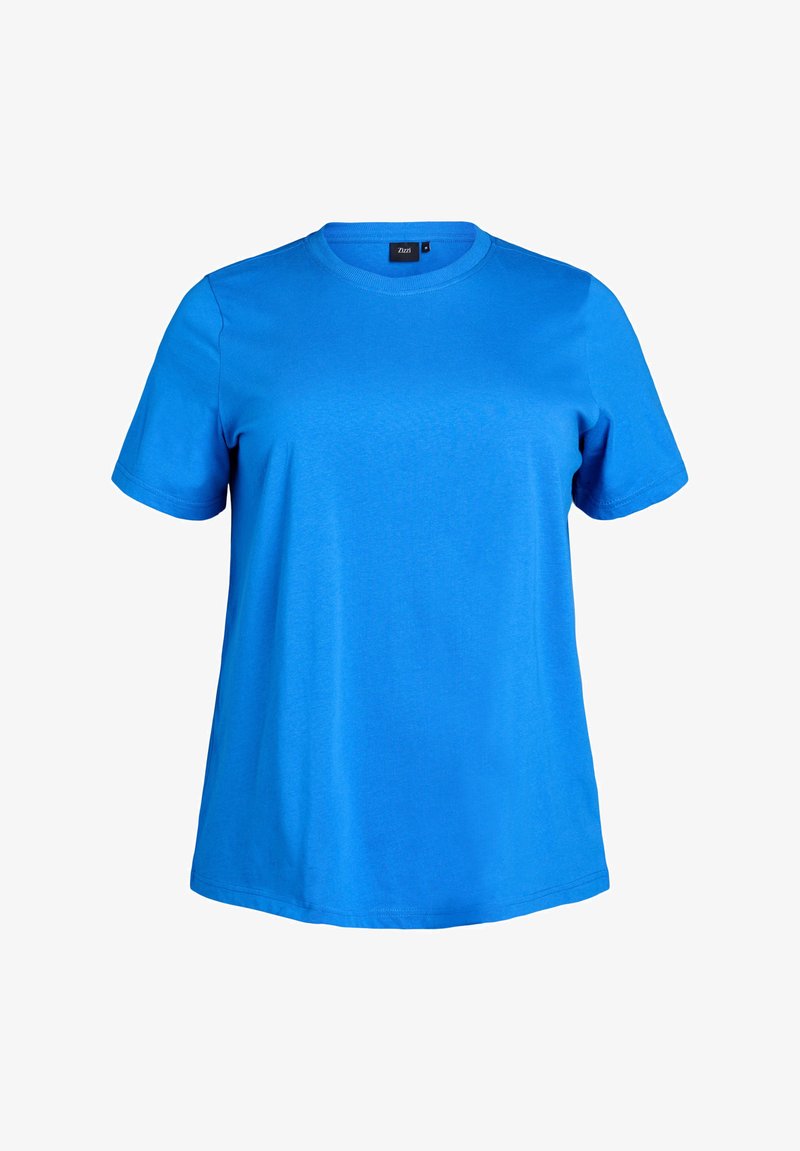 Zila kokvilnas T-kreklu ar īsām piedurknēm un apaļu kakla izgriezumu. Gluda tekstūra un brīvs piegriezums. Nav redzamu rakstu vai akcentu.