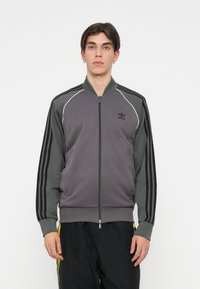 Siva jakna na zip s crnim detaljima i rukavima s tri pruge, izrađena od mekog materijala. Ima stojeći ovratnik i logo na prsima.
