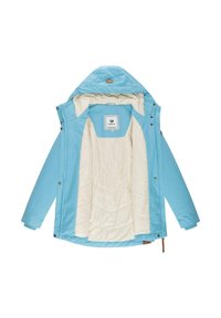 Jasnoniebieska kurtka z pikowanym kremowym wnętrzem, kapturem, zapięciem na zatrzask i metką z logo wewnątrz. Posiada elastyczne mankiety i boczne kieszenie.