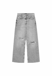 Lichtgrijze wijde jeans met verfvlekken, voorzien van scheuren op de knieën, een vijf-pocket ontwerp en knoopsluiting bij de taille.