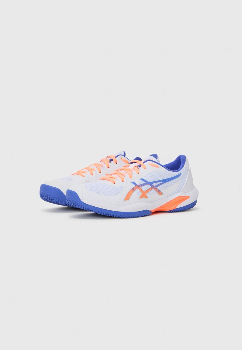 White athletic shoes with blue and orange accents, featuring a mesh upper, textured sole, and contrasting laces. Stylish design with logo details.