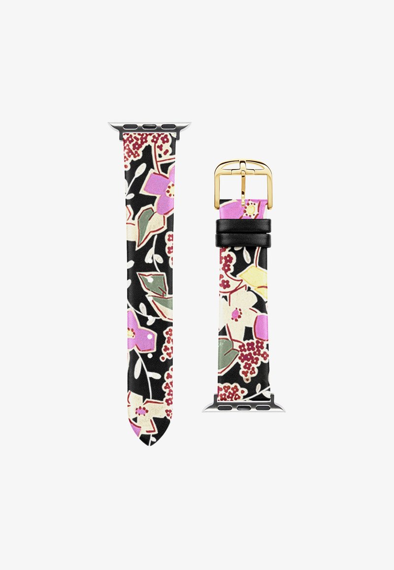 Virágmintás okosóra szíj fekete alapon, rózsaszín, zöld és fehér kiemelésekkel; arany színű fém csattal és bőrszíj részlettel rendelkezik.