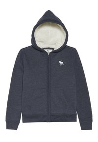 Felpa con cappuccio e zip di colore grigio scuro, caratterizzata da un morbido rivestimento interno in pile bianco, due tasche frontali e un piccolo logo ricamato a forma di alce.