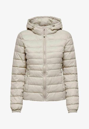 Light beige puffer jacket with a hood, featuring horizontal quilted sections, front zipper closure, and elastic cuffs for a snug fit.