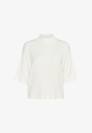 White mock neck short-sleeve top made of soft fabric, featuring a relaxed fit and smooth texture, with no visible patterns or accents.