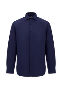 Hemd in Marineblau mit langen Ärmeln aus glattem Stoff, ausgestattet mit einem klassischen Kragen, Knopfverschluss und abgerundetem Saum mit genähten Details.