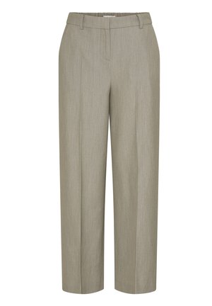 Pantaloni a gamba larga in tessuto beige chiaro con una texture sottile, caratterizzati da una parte anteriore piatta, passanti per cintura e due tasche laterali.