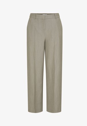 Pantalon à jambes larges en tissu beige clair avec une texture subtile, doté d'un devant plat, de passants de ceinture et de deux poches latérales.