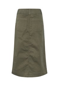 Olivgrüner, knielanger Rock mit geradem Schnitt, aus einem glatten Stoff gefertigt. Verfügt über zwei Gesäßtaschen mit gestickten Kanten und einem schlichten Taillenbund.