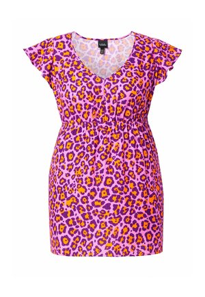 Jurkje met V-hals, korte mouwen en een elastische taille, met een levendige luipaardprint in roze, oranje en paars.